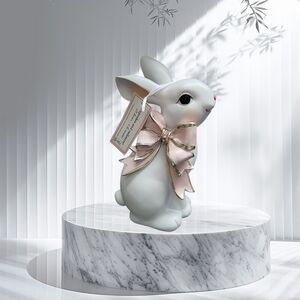 White Ceramic Bunny Figurine with Pink Gold-Trim Bow